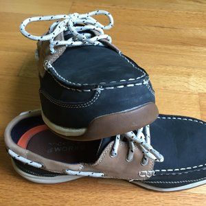 Rockport Works, leather, steel toe ladies boat shoes size 11W, Navy Blue